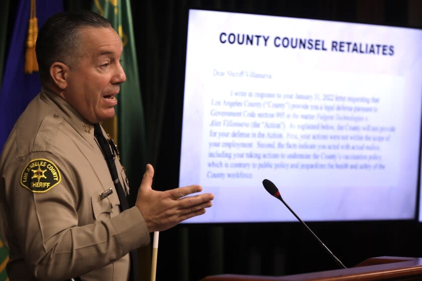 LOS ANGELES, CA - FEBRUARY 23, 2022 - - Los Angeles County Sheriff Alex Villanueva discusses what he calls the Board of Supervisors retaliatory act of failing to provide legal counsel regarding pending litigation with Fulgent Genetics, as well as disputing a pending civil claim of harassment from a Body Worn Camera video at the Hall of Justice in Downtown Los Angeles on February 23, 2022. "The entire lawsuit - where are the facts," Villanueva said regarding the Fulgent Technologies v. Alex Villanueva legal case. "All part of a branding campaign," he said regarding an East Los Angeles incident where deputies are accused of harassing and intimidating family members of two men who were killed by sheriff deputies. (Genaro Molina / Los Angeles Times)