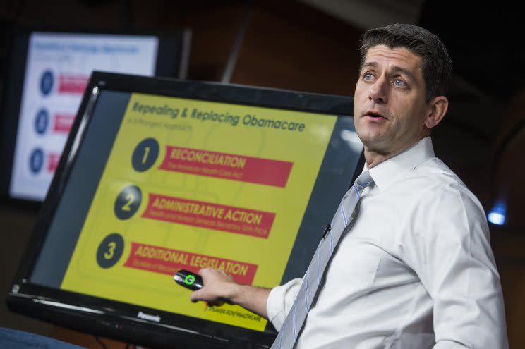 House Speaker Paul Ryan of Wis. uses charts and graphs to make his case for the GOP's long-awaited plan to repeal and replace the Affordable Care Act, Thursday, March 9, 2017, during a news conference on Capitol Hill in Washington. (Photo: Tom Williams/CQ Roll Call/Getty Images)