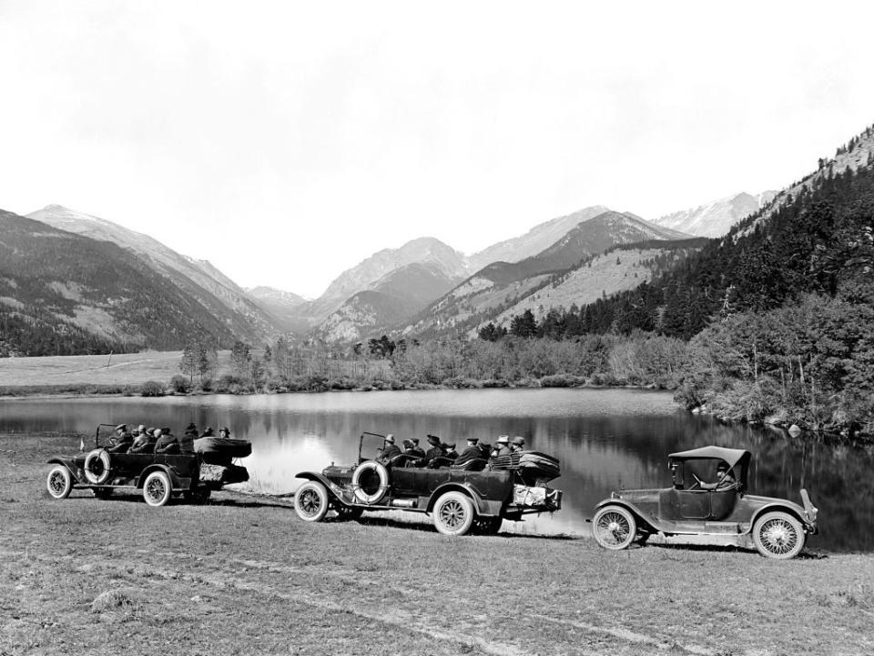 Tourists visit the Rocky Mountains.