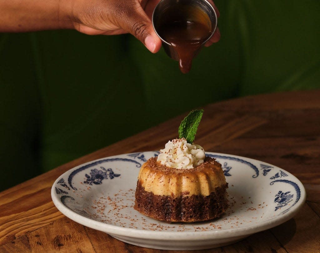 Pumpkin-spiced flan with caramel sauce is offered as a seasonal special at Rocco's Tacos restaurants.