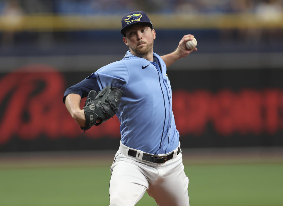 Tampa Bay Rays starting pitcher Jeffrey Springs delivers a pitch in the first inning of a baseball game against the Texas Rangers, Sunday, Sept. 18, 2022, in St. Petersburg, Fla. (AP Photo/Mark LoMoglio)