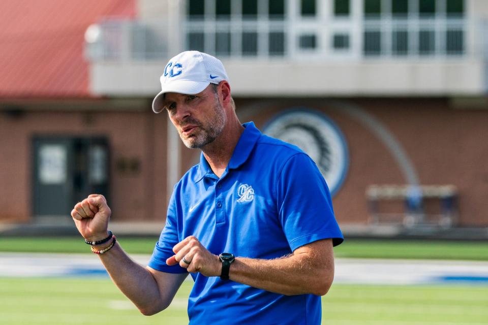 Oconee County’s head coach Judson Hamby during a GHSA girls soccer quarterfinal state playoff game between Oconee County and Savannah Country Day in Watkinsville, Ga., on Monday, April 29, 2024. Oconee County won 1-0.