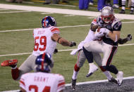 INDIANAPOLIS, IN - FEBRUARY 05: Running back Danny Woodhead #39 of the New England Patriots hauls in a four yard touchdown in the second quarter against the New York Giants during Super Bowl XLVI at Lucas Oil Stadium on February 5, 2012 in Indianapolis, Indiana. (Photo by Jeff Gross/Getty Images)