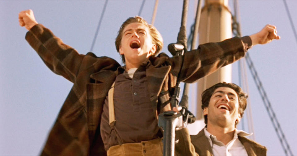 Leonardo DiCaprio as Jack and Danny Nucci as Fabrizio are pictured during the "I'm the king of the world!" scene from "Titanic"