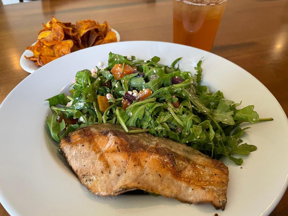 A beet salad with salmon at Preacher Green's restaurant in AThens, Ga. on Thursday, Apr. 4, 2024.