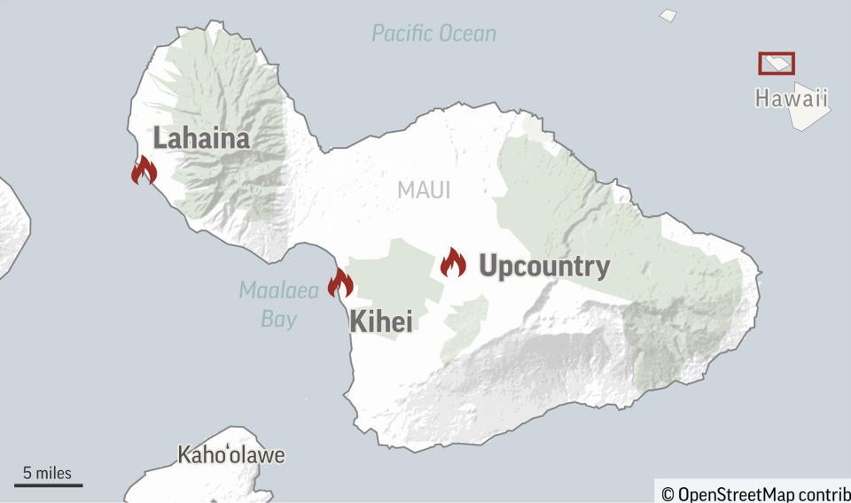 Map shows the location of fires on the island of Maui, Hawaii, on Thursday, Aug. 10, 2023.  / Credit: AP