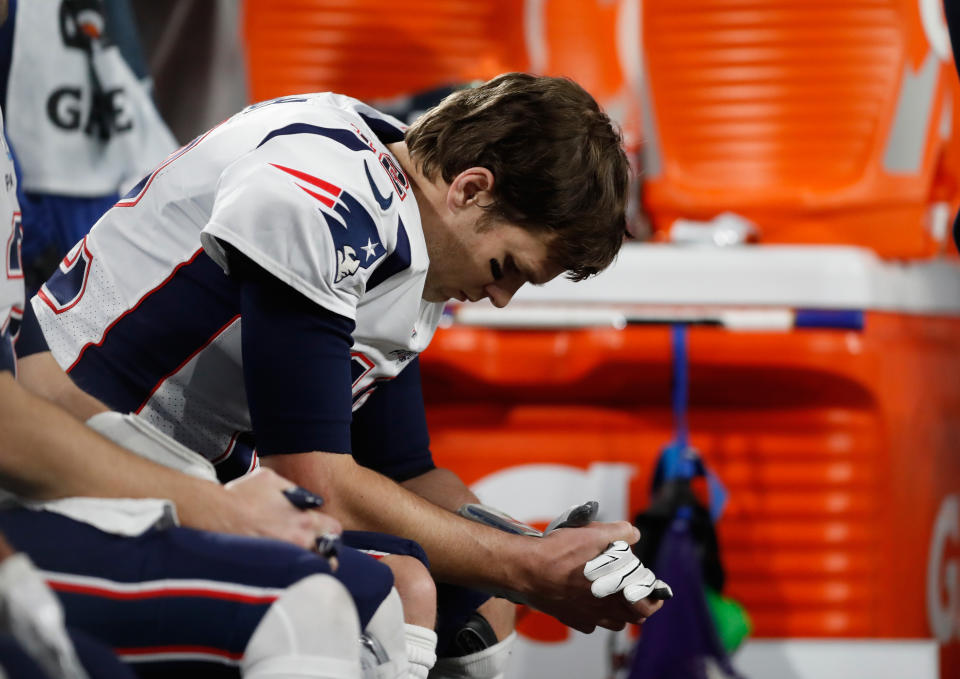 <p>New England Patriots’ Tom Brady sits on the bench after losing a fumble during the second half of the NFL Super Bowl 52 football game against the Philadelphia Eagles Sunday, Feb. 4, 2018, in Minneapolis. (AP Photo/Jeff Roberson) </p>