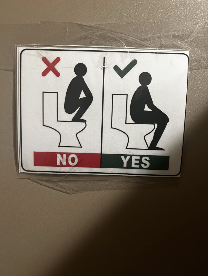 Instructional sign showing correct and incorrect sitting positions on a toilet