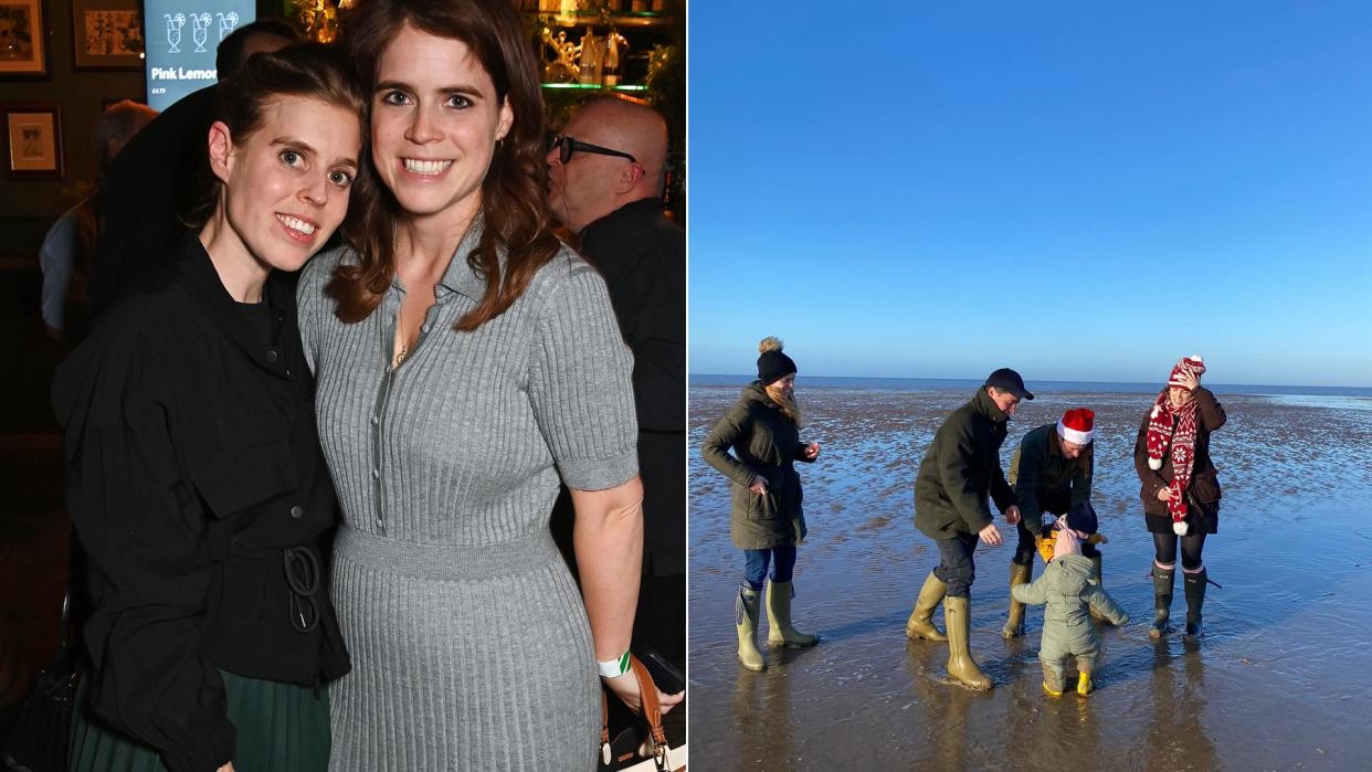 Eugenie and Beatrice, and on the beach with their families