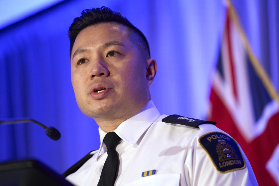 London, Ontario, Police Chief Thai Truong speaks during a news conference in London, Monday, Feb. 5, 2024. The police chief issued a public apology on Monday to a woman who says she was sexually assaulted by five hockey players on Canada's 2018 world junior team— four of them currently in the NHL — for the length of time it took his department to complete its investigation of a case that has rocked the sport for years. (Geoff Robins/The Canadian Press via AP)