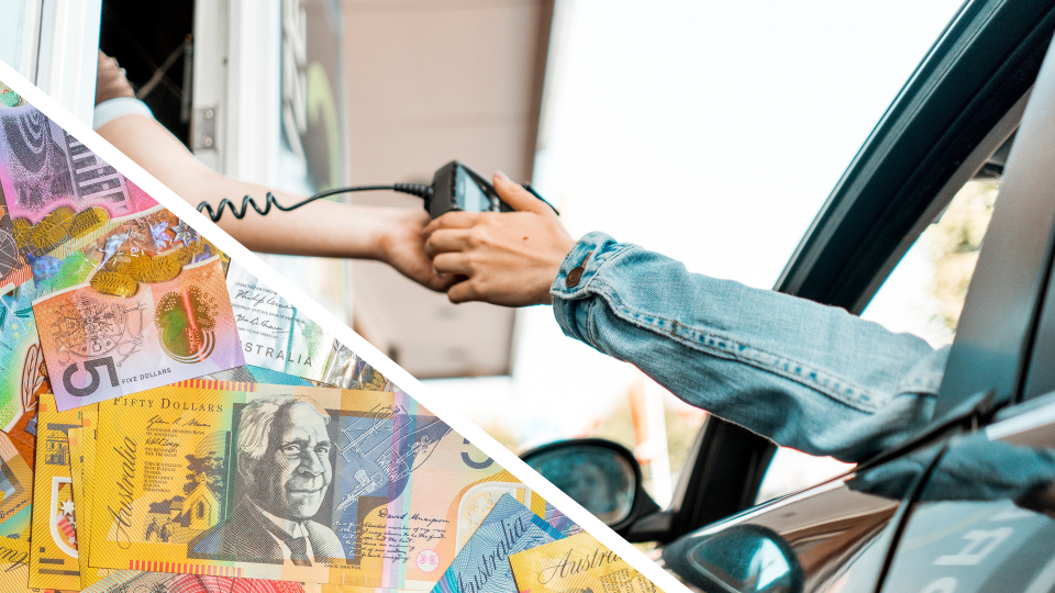 Pictured: Person paying with mobile phone tap and go at drive thru, Australian cash. Images: Getty