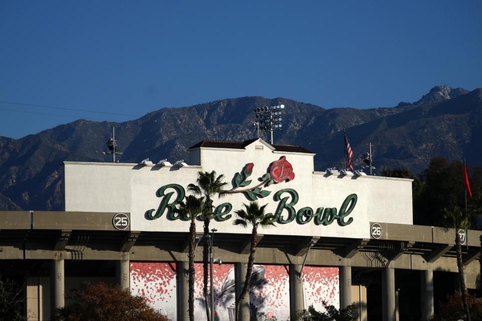 A general overall view of the Rose Bowl Stadium facade during the 2022 Rose Bowl.