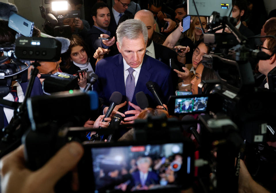 Former Republican House Speaker Kevin McCarthy of California talks to reporters after House Republicans nominated Minnesota Rep. Tom Emmer to be the speaker on Oct. 24. (Jonathan Ernst/Reuters)