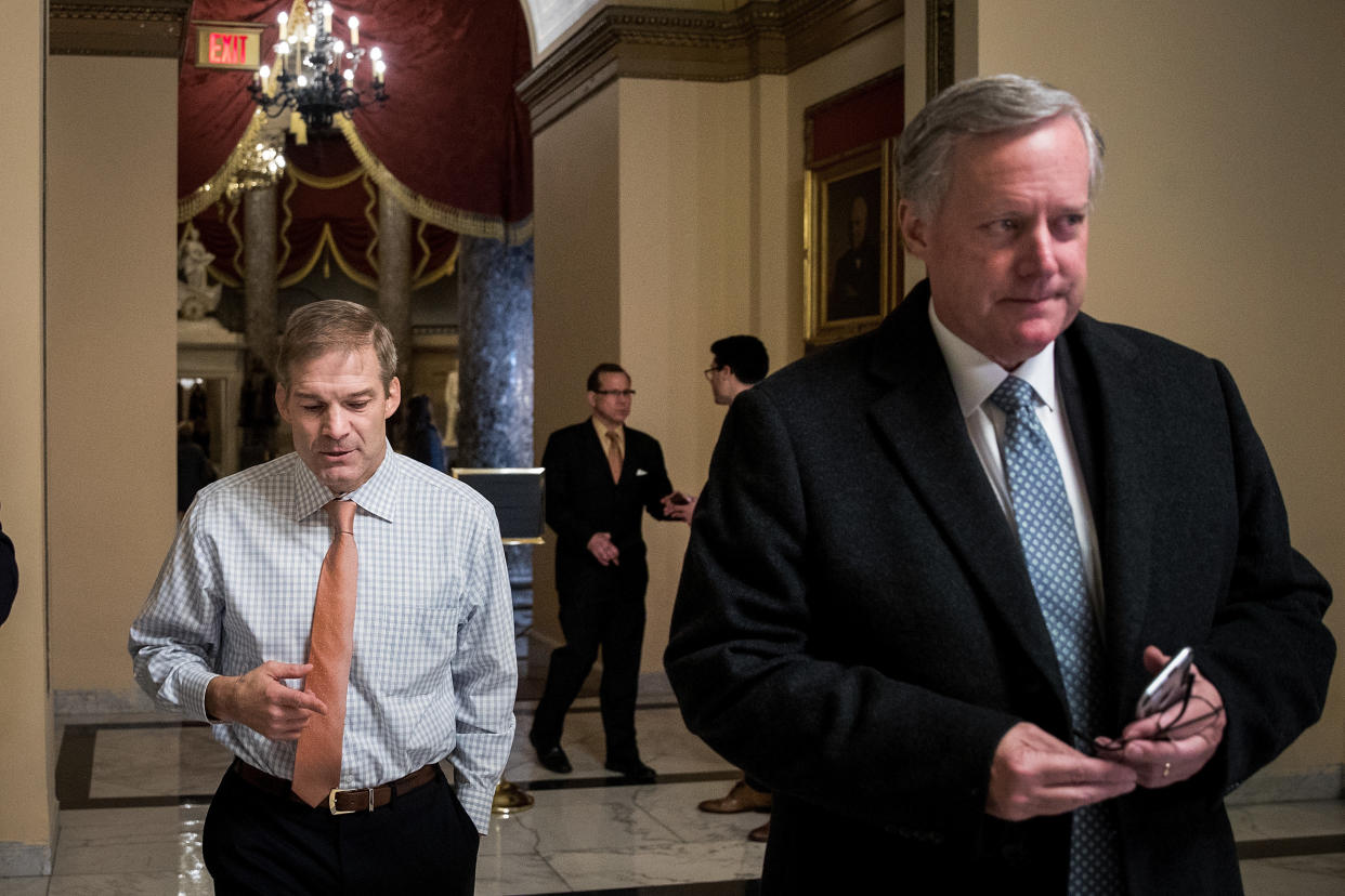 Rep. Jim Jordan (R-Ohio,), left, walks with Rep. Mark Meadows (R-N.C.) on Capitol Hill, Dec. 4, 2017. (Photo: Drew Angerer via Getty Images)