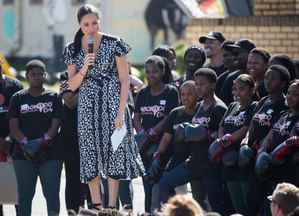 CAPE TOWN, SOUTH AFRICA - SEPTEMBER 23: Meghan, Duchess of Sussex gives a speech as she visits the Nyanga Township with Prince Harry, Duke of Sussex during their royal tour of South Africa on September 23, 2019 in Cape Town, South Africa.   (Photo by Samir Hussein/WireImage)