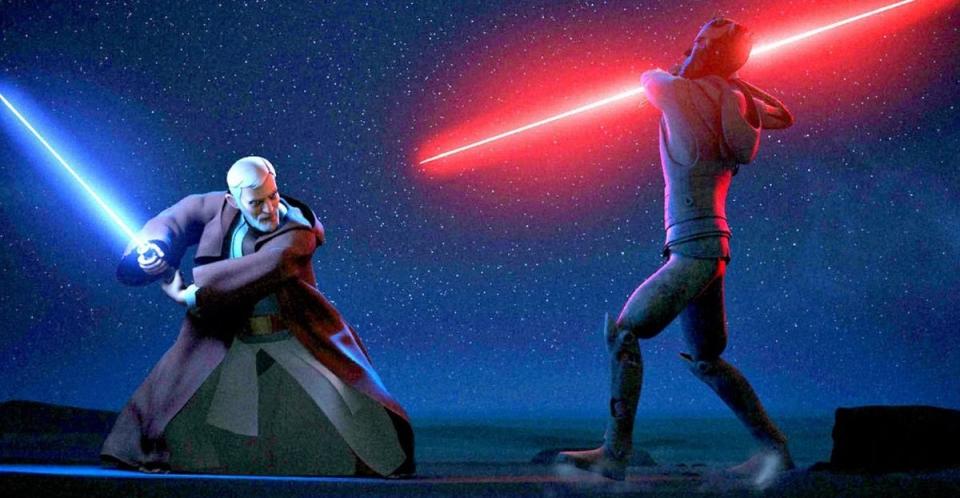 Obi-Wan Kenobi fights Darth Maul one last time in Rebels' "Twin Suns." 