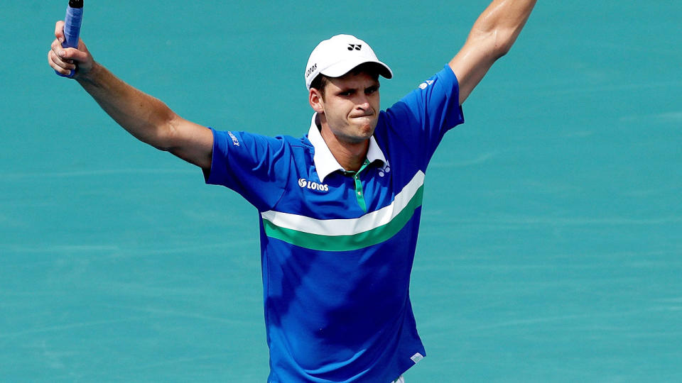 Hubert Hurkacz, pictured here celebrating his win over Stefanos Tsitsipas at the Miami Open.