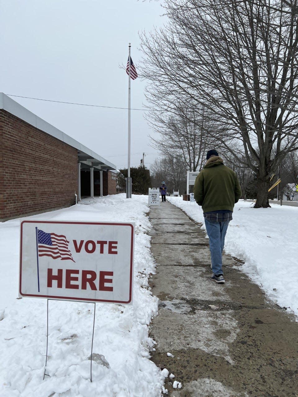 Williston residents are told to "Vote Here" at the armory on Williston Rd. for Town Meeting Day, March 1, 2022.