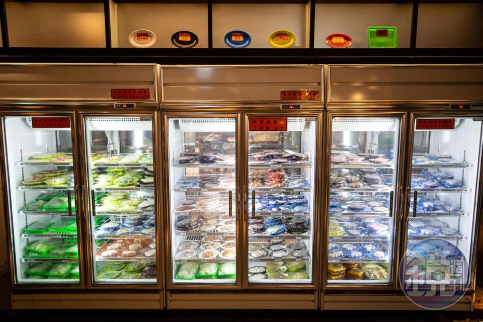 冰箱食材依不同盤子區隔價錢，每盤20到100元不等。