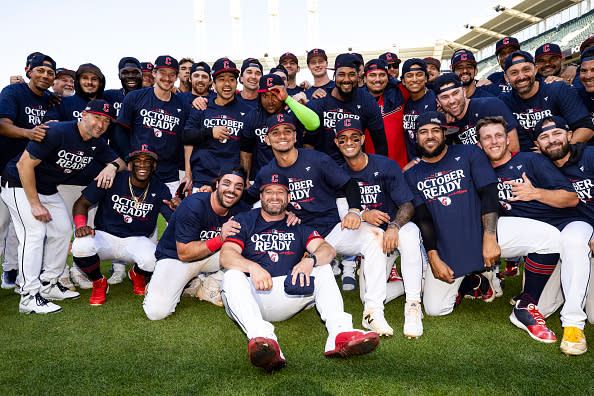 CLEVELAND, OHIO – SEPTEMBER 19: The Cleveland Guardians pose for a photo after beating the Minnesota Twins 3-2 to clinch a playoff spot at Progressive Field on September 19, 2024 in Cleveland, Ohio. (Photo by Lauren Leigh Bacho/Getty Images)