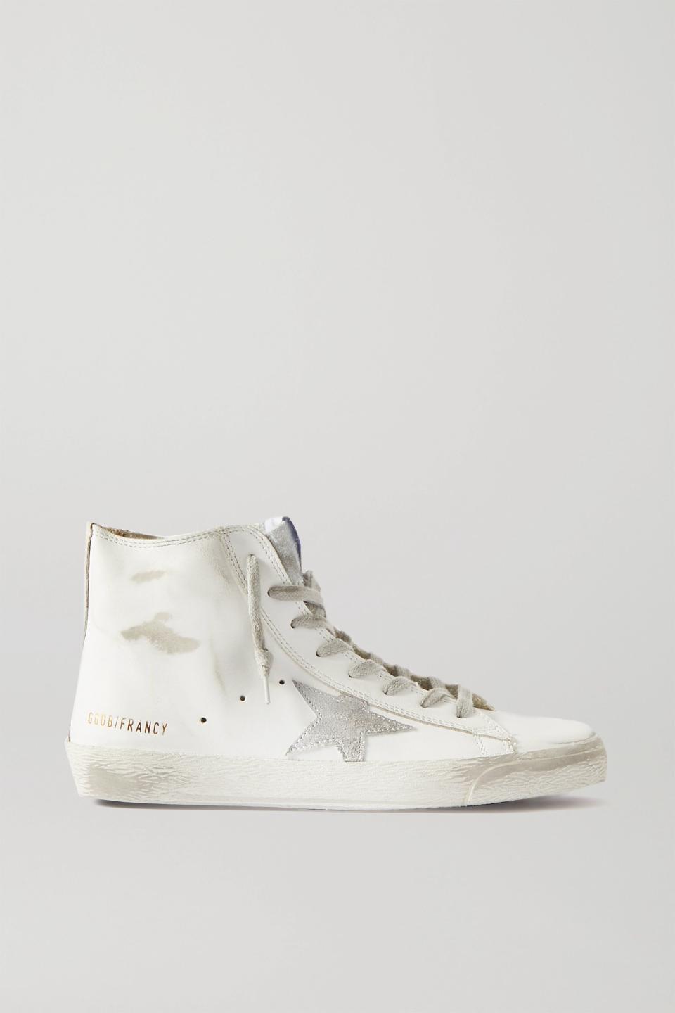 Francy glittered distressed leather and suede high-top sneakers