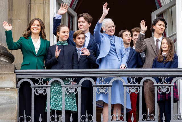 <p>Patrick van Katwijk/Getty</p> Queen Margrethe of Denmark with her grandchildren at the balcony of Amalienborg Palace in honor of her 83rd birthday.