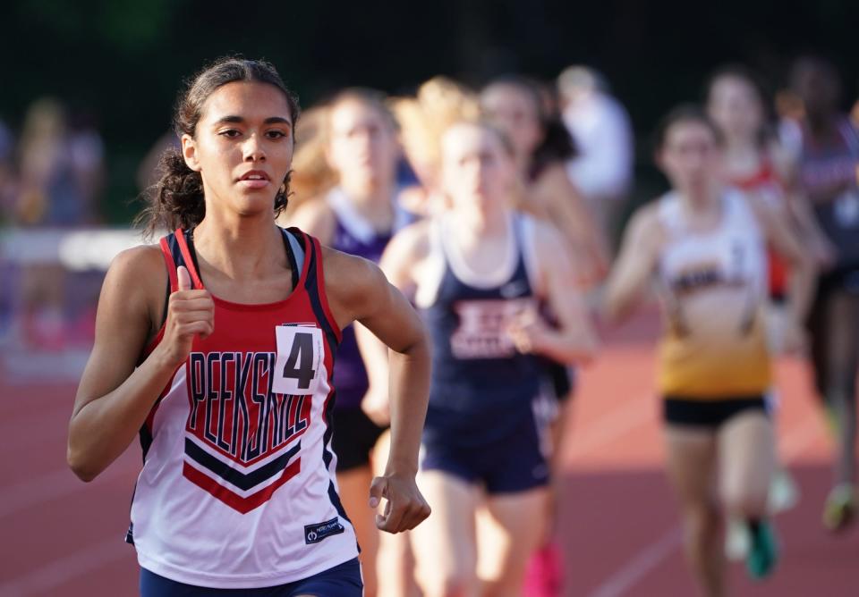 Peekskill's Juliette Salazar competes in the 800-meter run at the Section 1 state track & field qualifing meet at Suffern Middle School on Thursday, June 1, 2023.  Salazar ran a 2:14.97 time.