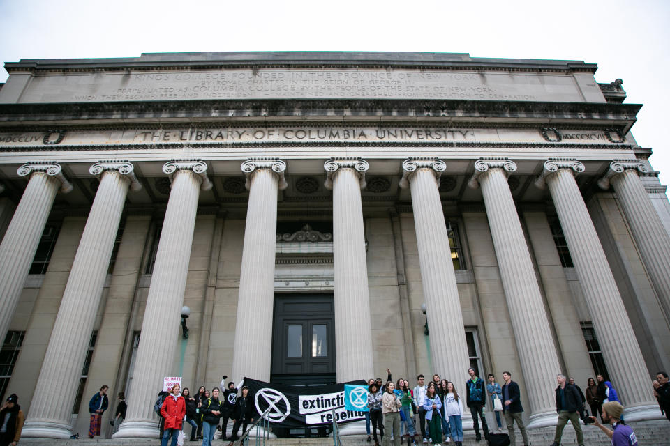 Students and activists occupied the Low Memorial Library at Columbia University on October 2019 in New York, US, 10 to urge staff and alumni to take concrete action to address the impending climate crisis. This action comes as Global Extinction Rebellion protests have erupted worldwide using nonviolent direct action and peaceful civil disobedience to disrupt business-as-usual to urge government officials, media organizations, and universities to act to save the climate.  (Photo by Karla Ann Cote/NurPhoto via Getty Images)