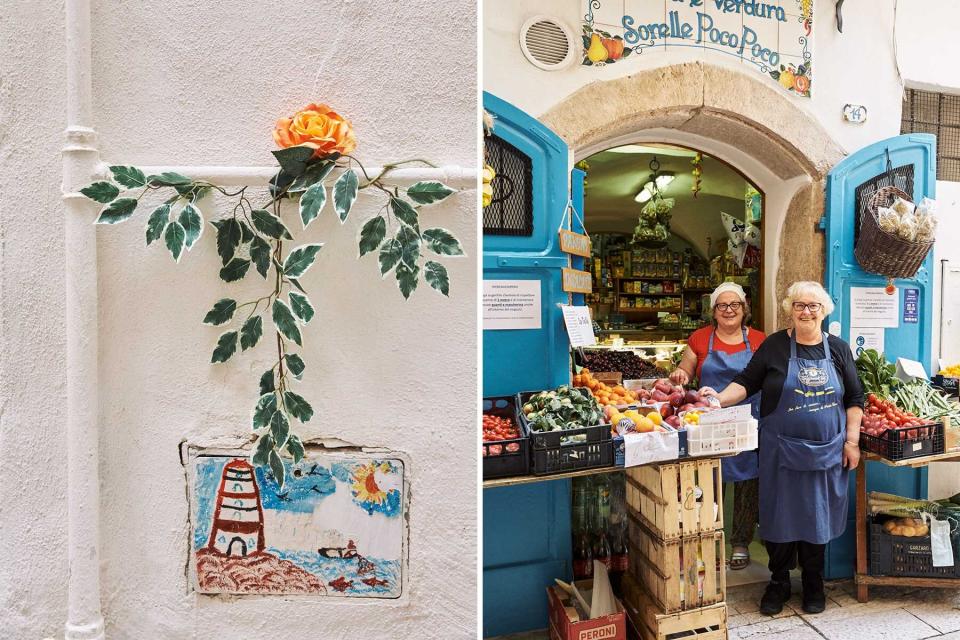Two photos from Sperlonga, Italy, one showing a painted tile, and another showing two women at the grocery store they own