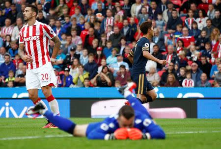 Britain Soccer Football - Stoke City v Tottenham Hotspur - Premier League - bet365 Stadium - 10/9/16 Tottenham's Son Heung-min celebrates scoring their second goal Reuters / Peter Nicholls Livepic