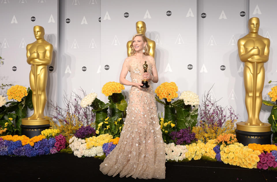 HOLLYWOOD, CA - MARCH 02:  Actress Cate Blanchett, winner of Best Actress for 'Blue Jasmine, poses in the press room during the Oscars at Loews Hollywood Hotel on March 2, 2014 in Hollywood, California.  (Photo by Jason Merritt/Getty Images)