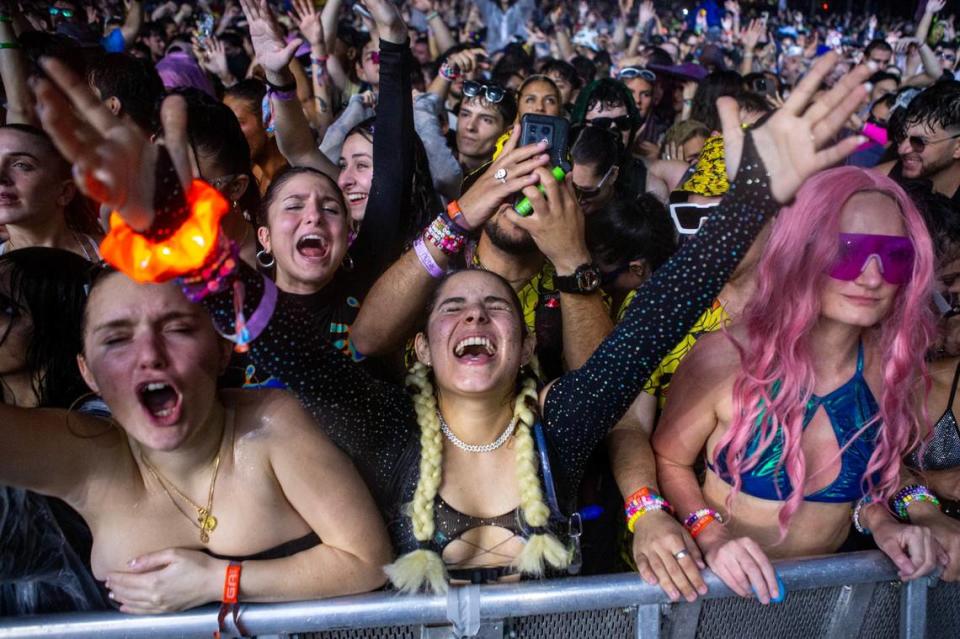 Festival goers react to the music during Ultra 2024 at Bayfront Park in Downtown Miami on Friday, March 22, 2024.