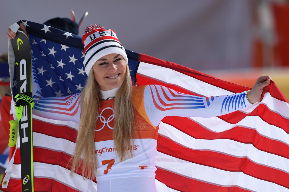 Bronze medallist Lindsey Vonn of the United States celebrates during the victory ceremony for the Ladies' Downhill on day 12 of the PyeongChang 2018 Winter Olympic Games at Jeongseon Alpine Centre on Feb. 21, 2018 in Pyeongchang-gun, South Korea.