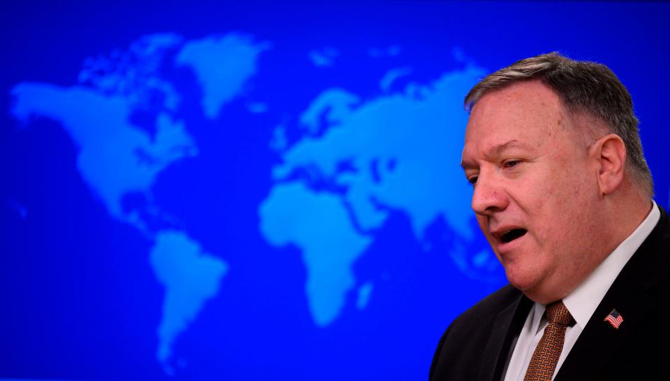 US Secretary of State Mike Pompeo speaks during a press conference at the State Department in Washington, DC, on March 25, 2020.