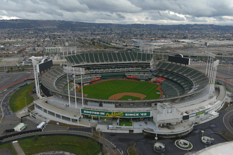 OAKLAND, CALIFORNIA - DECEMBER 31: A general overall aerial view of the Oakland-Alameda County Coliseum on December 31, 2023 in Oakland, California. (Photo by Kirby Lee/Getty Images)