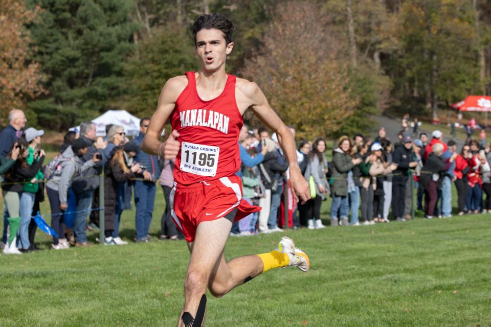 Manalapan Stephen Kyvelos took first in the Boys Group 4 Race. Boys Group 4 race at the 2023 NJSIAA State Group Cross Country Championships on November 4, 2023 in Holmdel NJ.