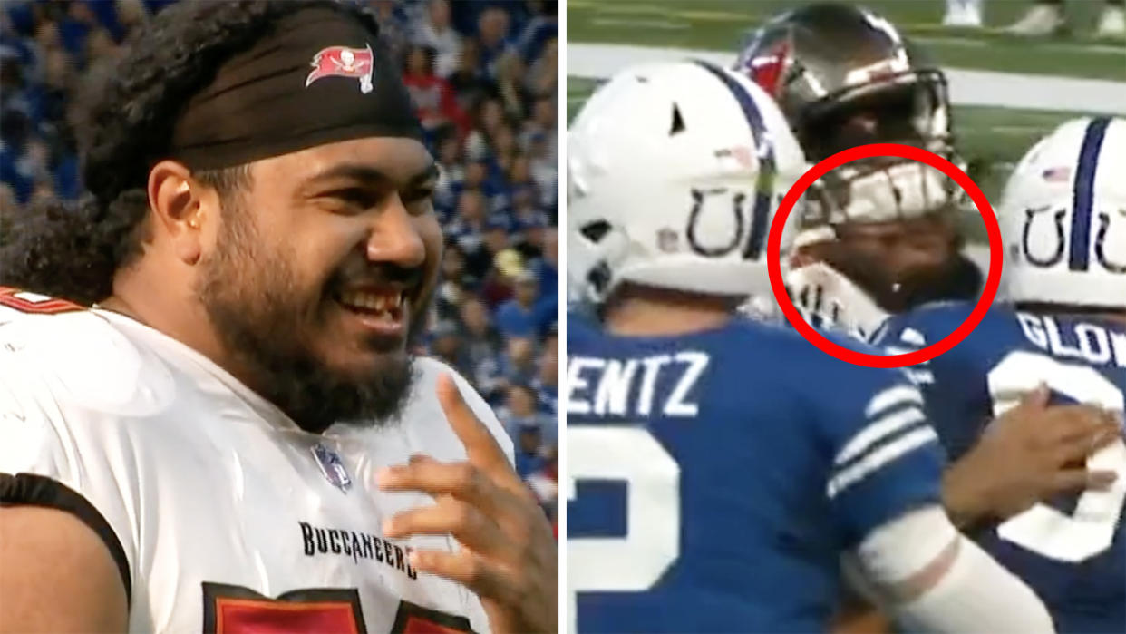 Tampa Bay Buccaneers star Vita Vea laughed off losing a tooth as his helmet slipped up and her crashed into a pack of Indianapolis Colts rivals on Monday. Pictures: Fox Sports NFL