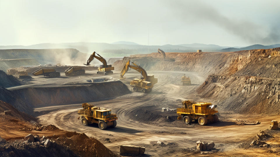 A large open-pit copper mine with heavy machinery extracting minerals from the earth.