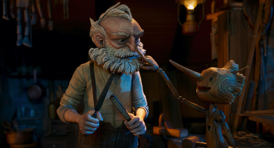 Gepetto (voiced by David Bradley) and Pinocchio (voiced by Gregory Mann) in Guillermo del Toro's Pinocchio<span class="copyright">Courtesy of Netflix</span>