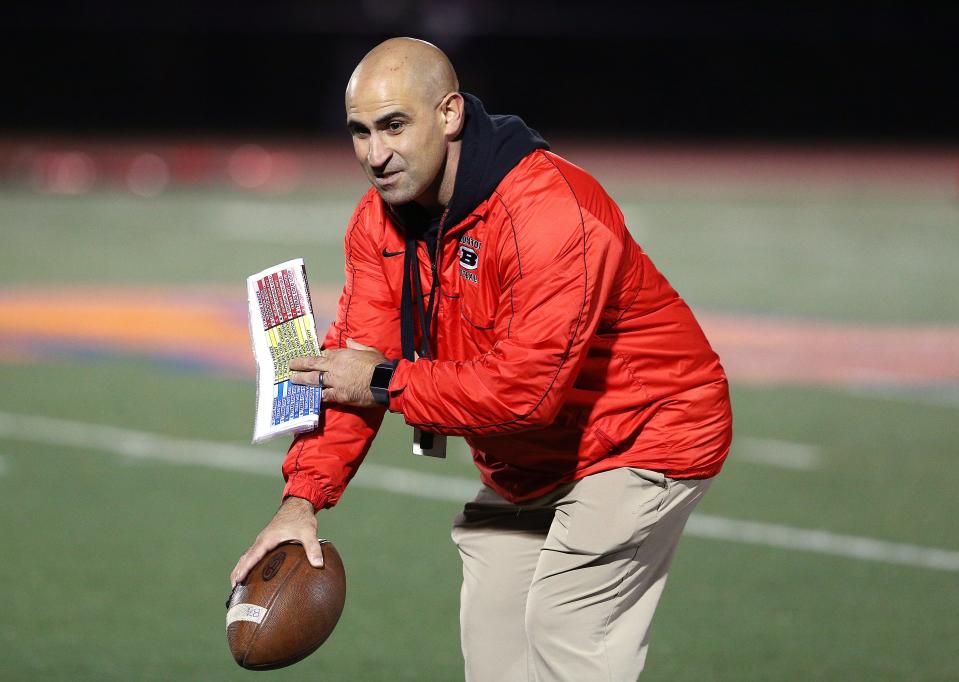 Boonton head coach Bryan Gallagher vs. Mountain Lakes during their SFC American Blue Friday night football game. The Bombers won 42-14 to win the division. October 26, 2018, Mountain Lakes, NJ