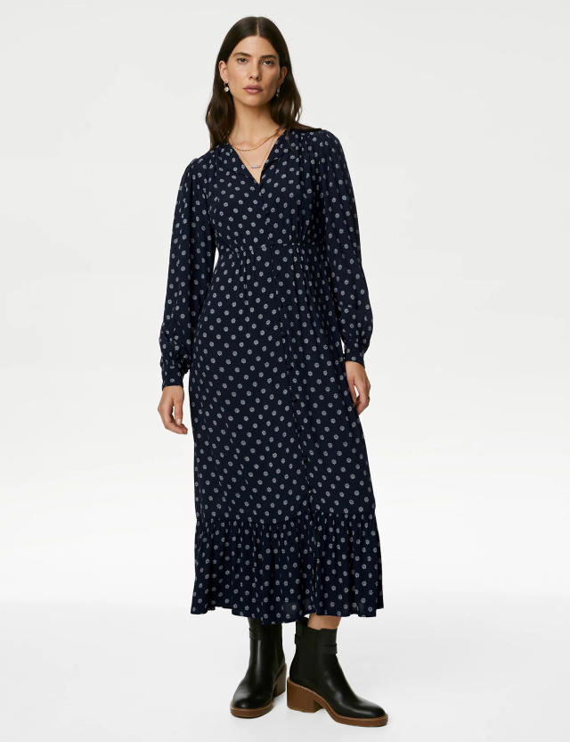 Pure Cotton Printed Square Neck Midi Waisted Dress, M&S Collection