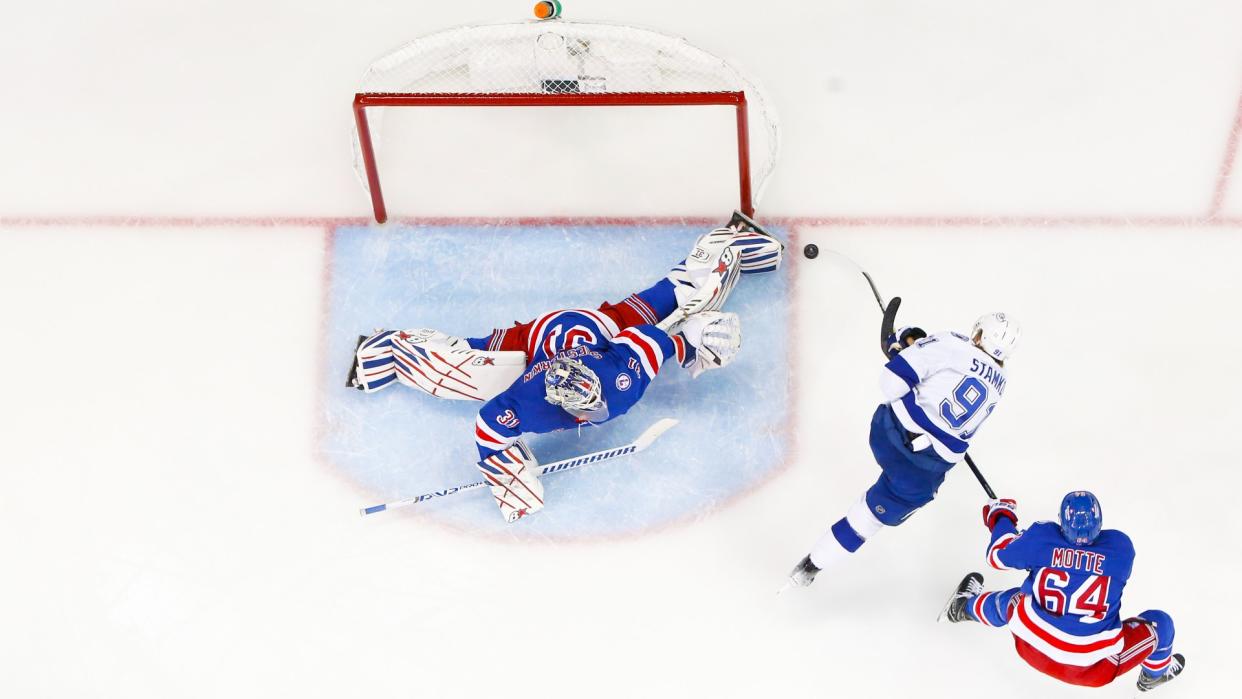 Igor Shesterkin shut the door on the Tampa Bay Lightning to secure a 3-2 win for the New York Rangers and jump out to a 2-0 series lead on Friday. (Getty Images)