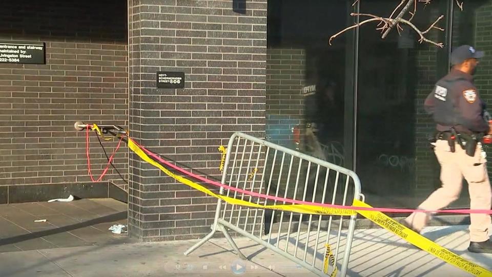 PHOTO: In this screen grab from a video, police tape is shown at the scene of a subway shooting in Brooklyn, New York, on March 14, 2024. (WABC)