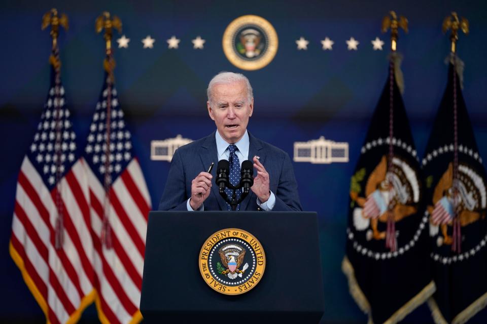 President Joe Biden speaks about the Chinese surveillance balloon and other unidentified objects shot down by the U.S. military, Thursday, Feb. 16, 2023, in Washington. (AP Photo/Evan Vucci) ORG XMIT: DCEV416