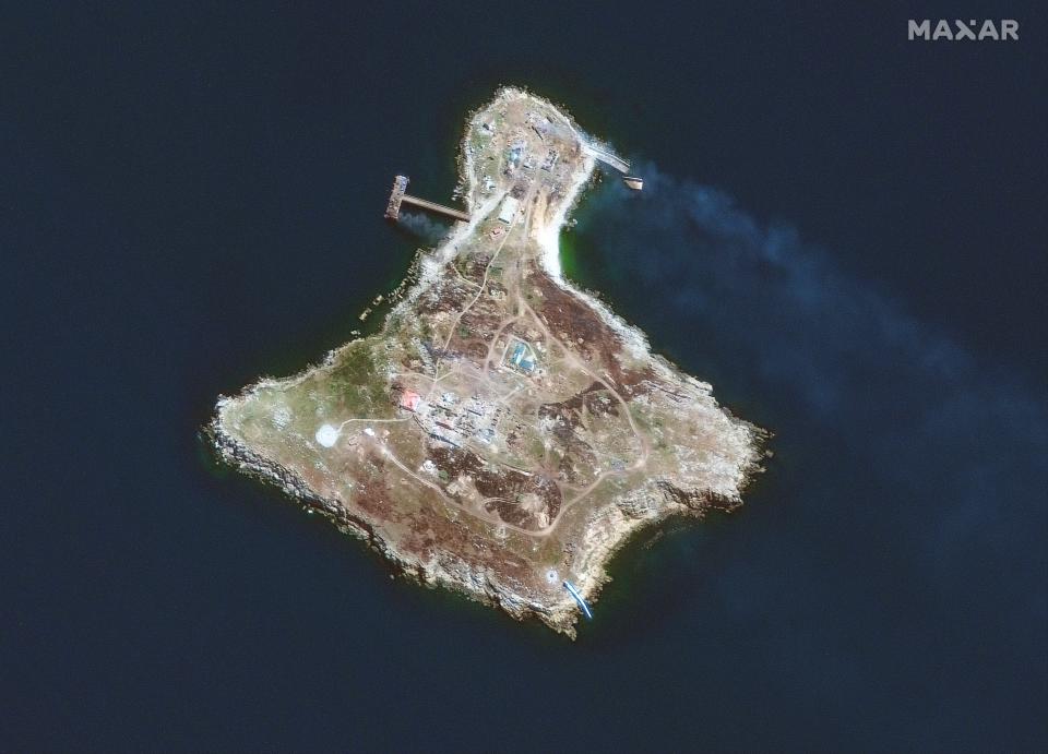 An overview of a bombarded and destroyed Snake Island on 30 June. Russia had captured the strategic Black Sea outpost of Snake Island on the first day of invasion. (Satellite image ©2022 Maxar Technologies)