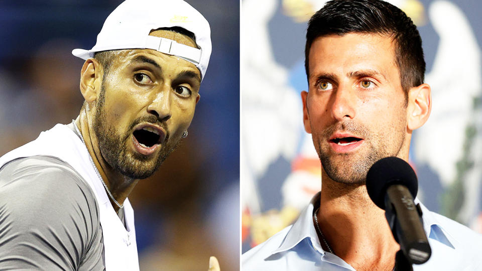 Nick Kyrgios and Novak Djokovic, pictured here on the tennis court.