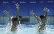 2016 Rio Olympics - Synchronised Swimming - Preliminary - Duets Technical Routine - Maria Lenk Aquatics Centre - Rio de Janeiro, Brazil - 15/08/2016. Katie Clark (GBR) of Britain and Olivia Federici (GBR) of Britain compete. REUTERS/Stefan Wermuth