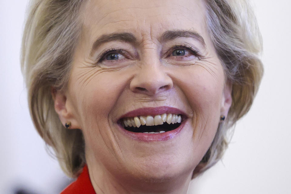 European Commission President Ursula von der Leyen, smiles at the start of her meeting with the members of the Bosnian Presidency in Sarajevo, Bosnia, Tuesday, Jan. 23, 2024. (AP Photo/Armin Durgut)