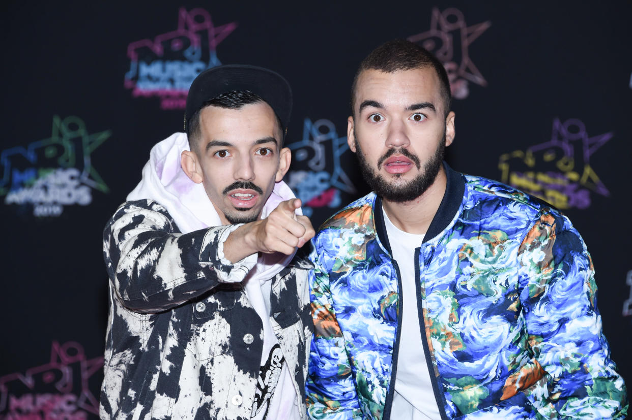 CANNES, FRANCE - NOVEMBER 09:  Bigflo and Oli attend the 21st NRJ Music Awards At Palais des Festivals on November 09, 2019 in Cannes, France. (Photo by Stephane Cardinale - Corbis/Corbis via Getty Images)