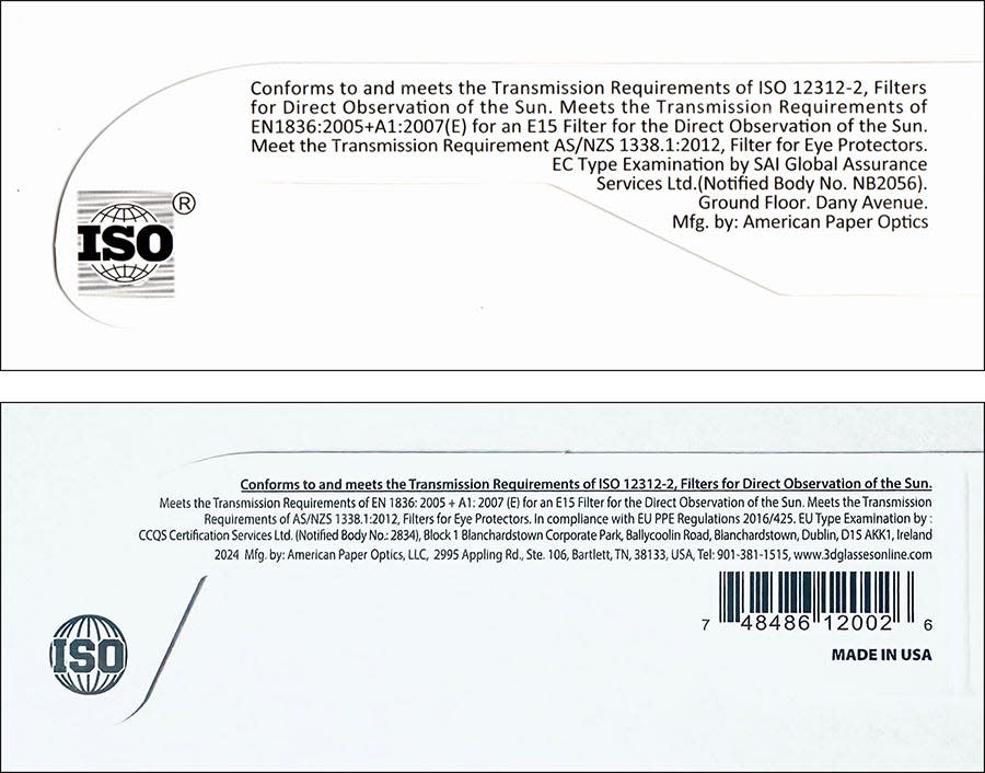 The AAS warns that counterfeit (top) and genuine (bottom) eclipse glasses are often difficult to distinguish at first glance.